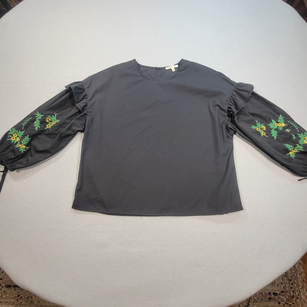 Bleuh Ciel Embroidered Puff Sleeve Blouse Womens S Black Floral Boho‎ Festival
